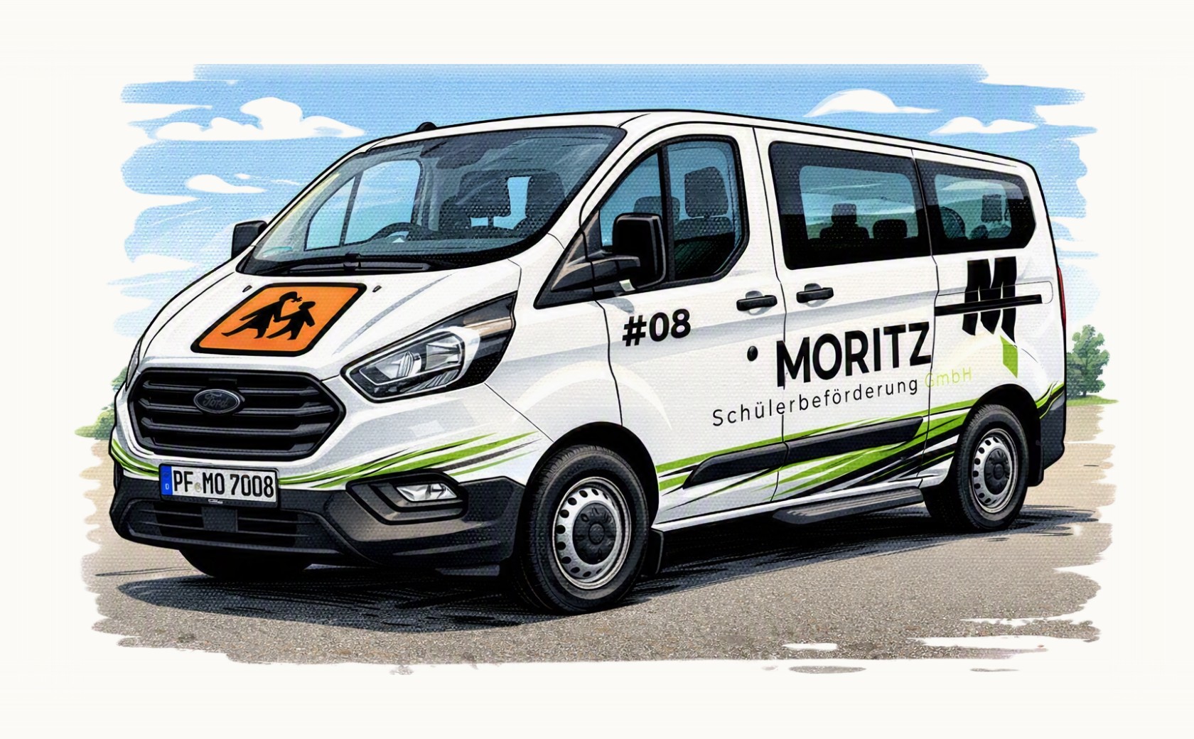 Illustrierter Kleinbus der Moritz Schülerbeförderung